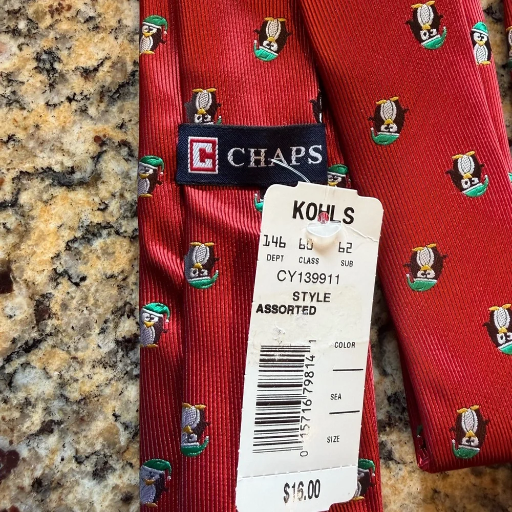 Chaps Red Tie with Penguin Pattern
